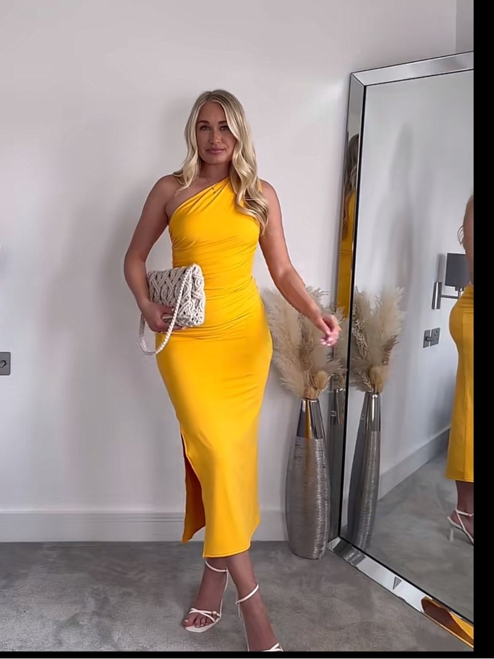 Zara One-Shoulder Yellow Midi Dress with Side Slit